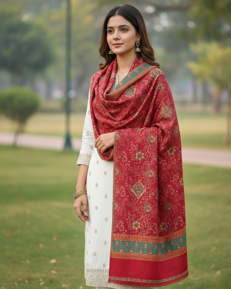 KRITI Floral Design Warm Woolen Maroon Color Shawl for Women