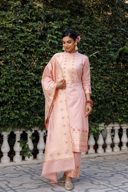 Cotton Silk Collar Pant Unstitched Suit 3 Pcs- Peach