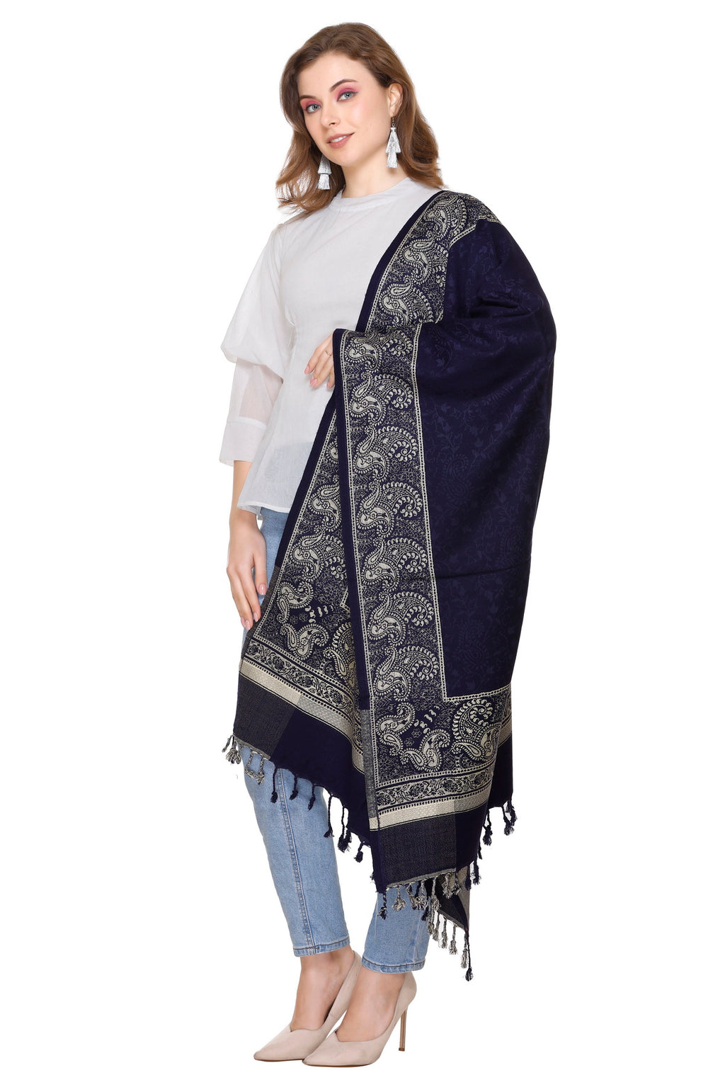 Navy Blue Designer Jacquard Border Stole