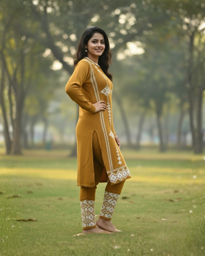 प्रीमियम 3-पीस ऊनी विंटर कुर्ती सेट | बॉटम और स्टोल के साथ बुना हुआ कुर्ता | M-XXL साइज़