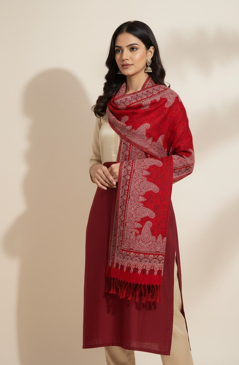 KRITI Paisley Pattern Woolen Red Color Stole For Girl