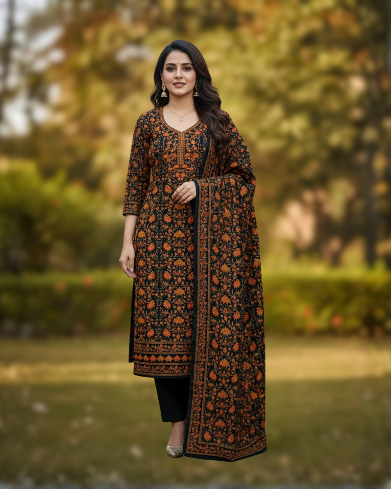 KRITI Winter Woolen Unstitched Suit Black And Orange Color For Women