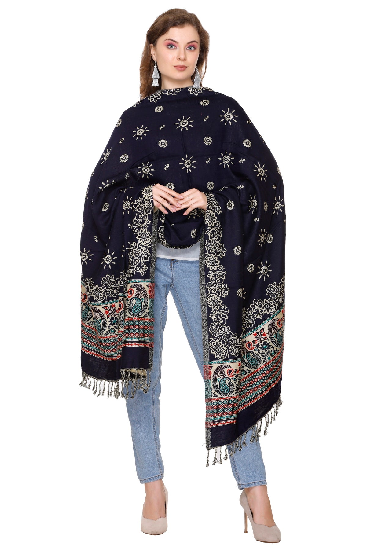 KRITI Navy Blue Wool Blend Shawl For Women.