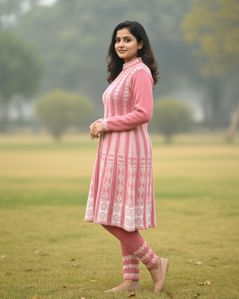 KRITI बुना हुआ ऊनी फ्रॉक कुर्ता सेट | बॉटम वियर के साथ 2-पीस विंटर कुर्ती 