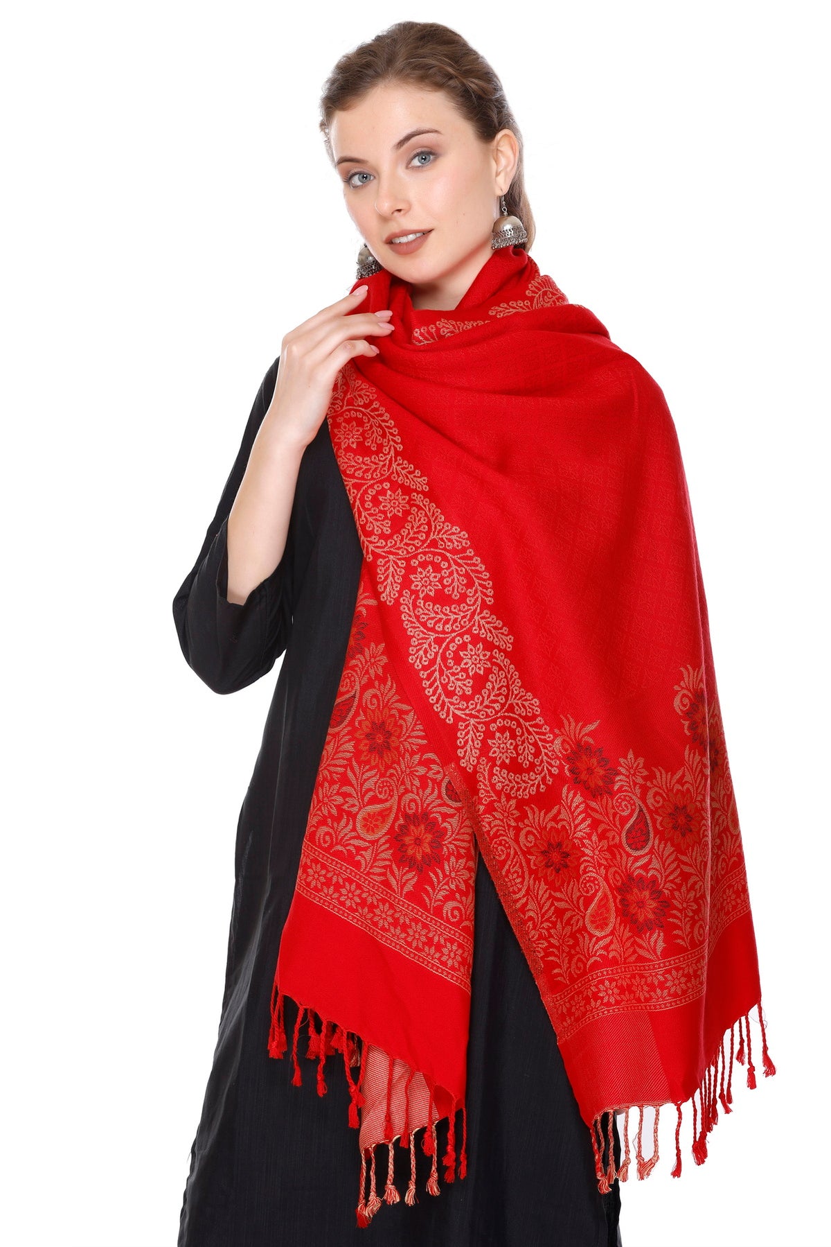 Floral Border Woollen Stole - Red