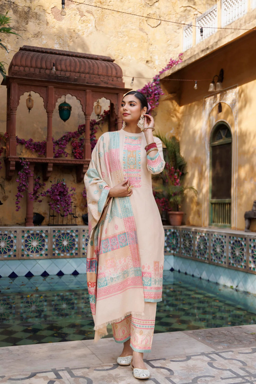 Cotton Silk Collar Pant Suit 3 Pcs- Light Peach