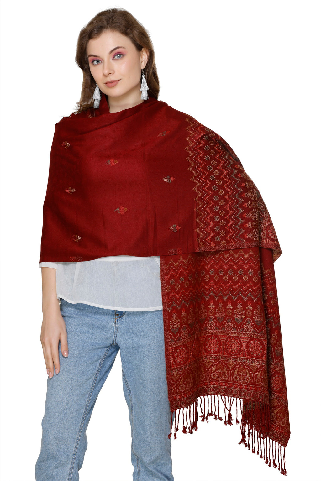 Jacquard Design Woollen Stole - Maroon