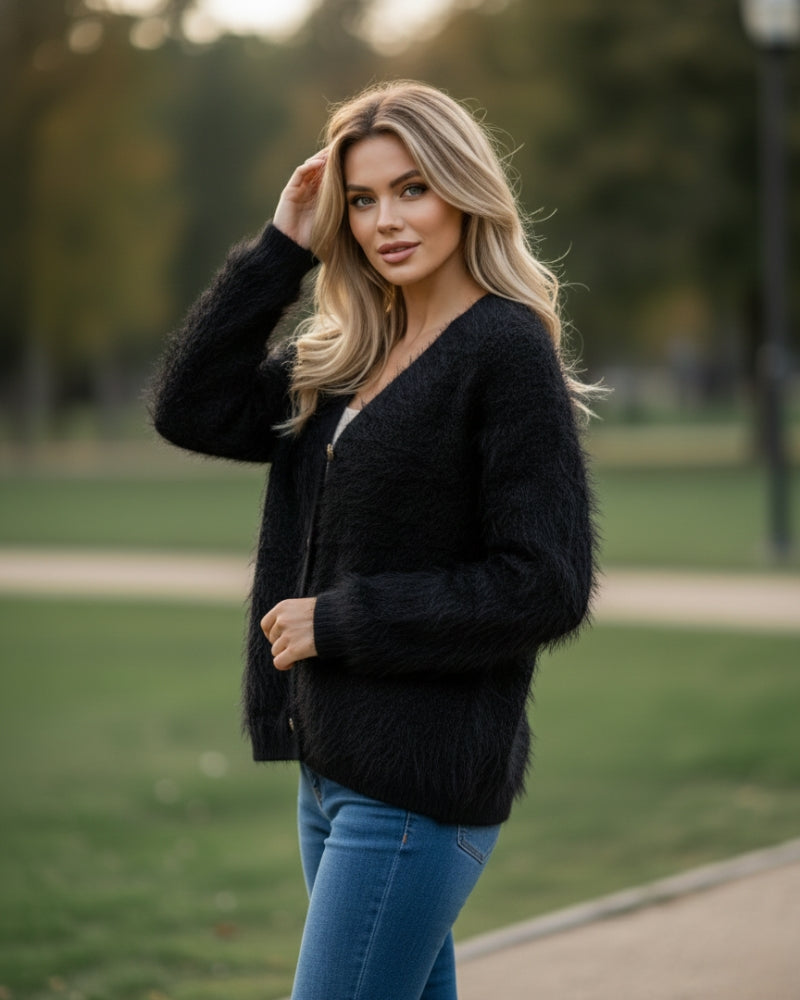 Women's Open Front Woolen Fluffy Top | Black Oversized Fuzzy Shaggy Top | Long Sleeve & Loose Fit