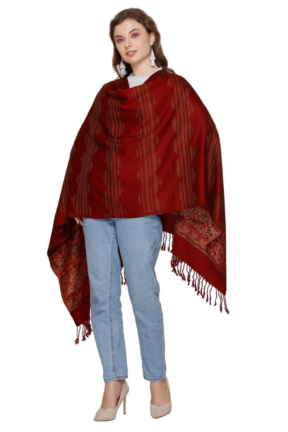 Paisley Designer Woollen Stole - Maroon