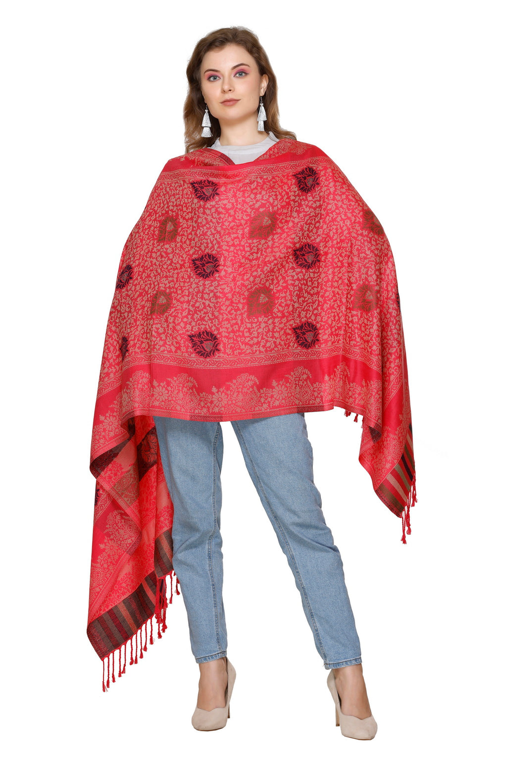 Floral Designer Woolen Stole- Red