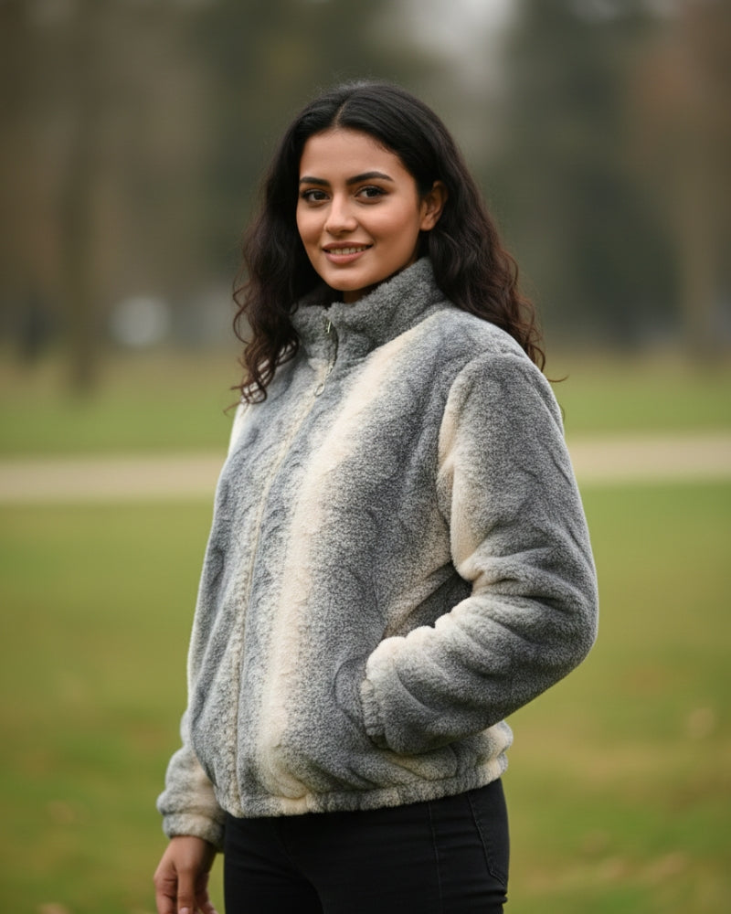 KRITI Women’s Premium Wool Blend Faux Fur Grey Peach Color Winter Jacket