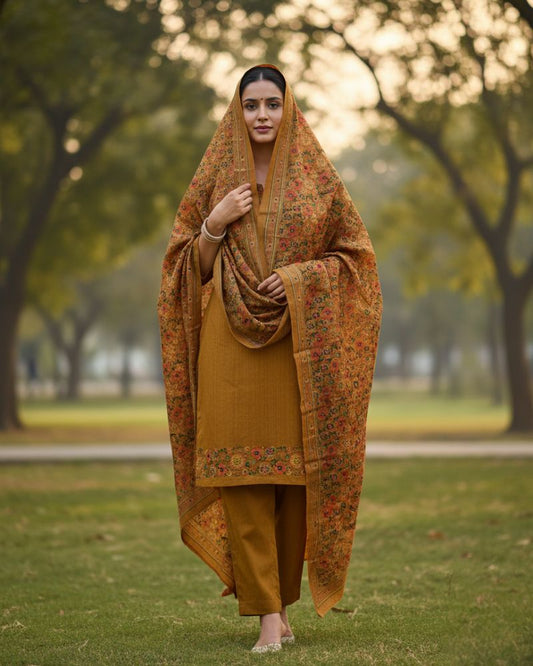 KRITI Winter Woolen Unstitched Suit Mustard Color For Women