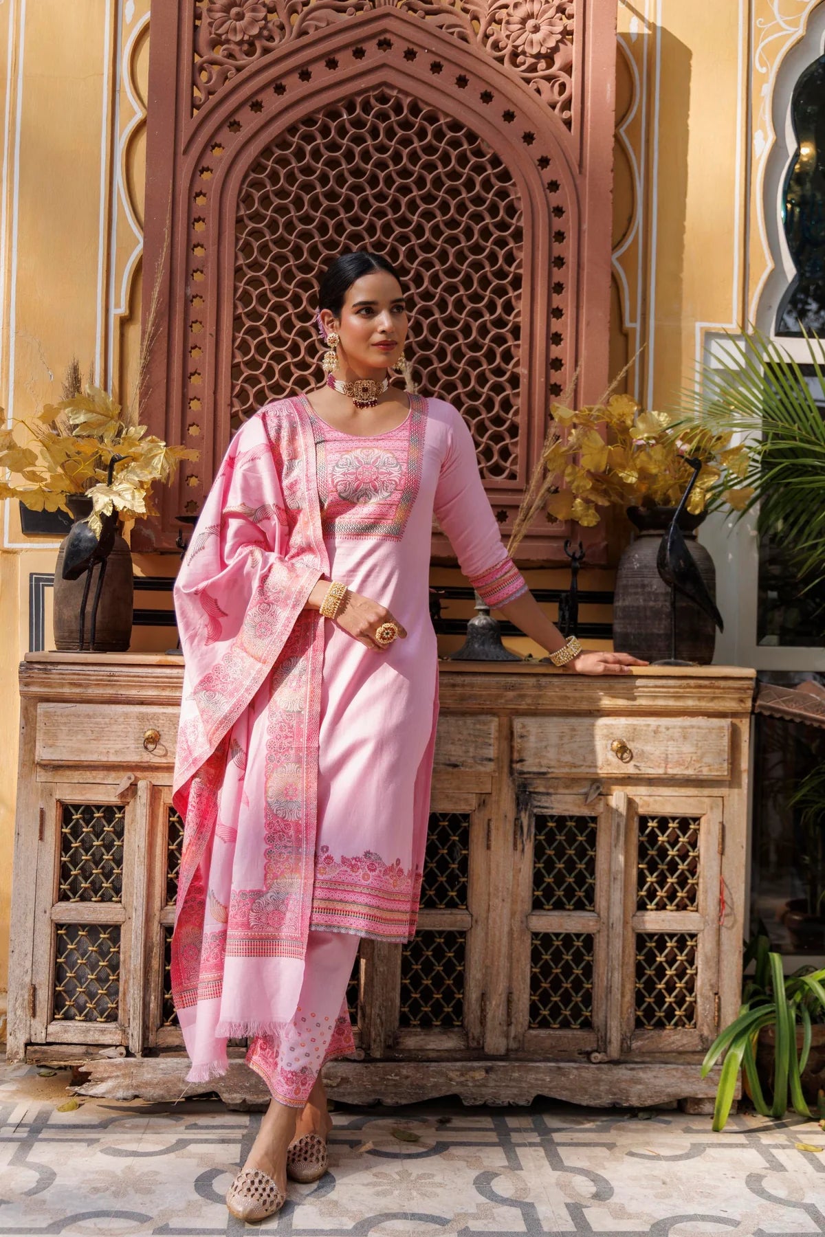 Cotton Silk Pant Suit 3 Pcs- Pink
