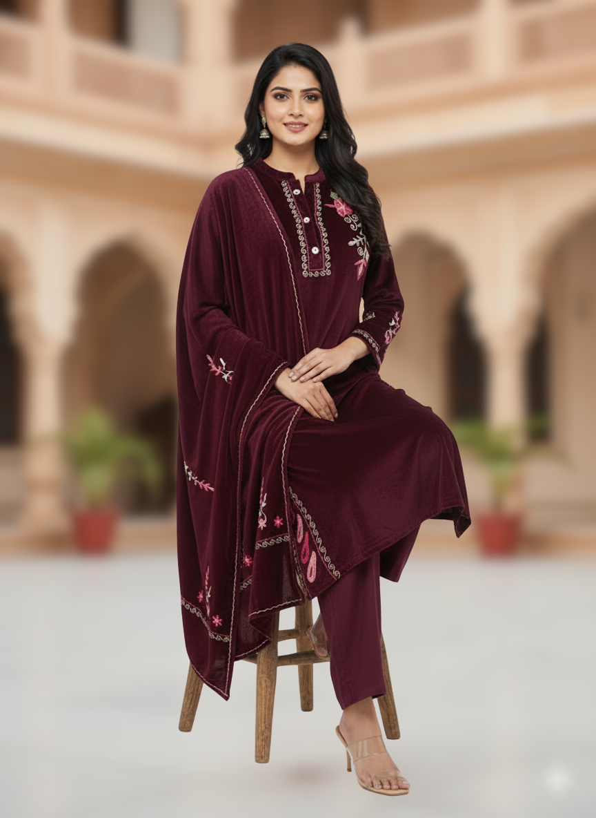 KRITI Winter Velvet 3 Piece Kurti Set Maroon Color For Women