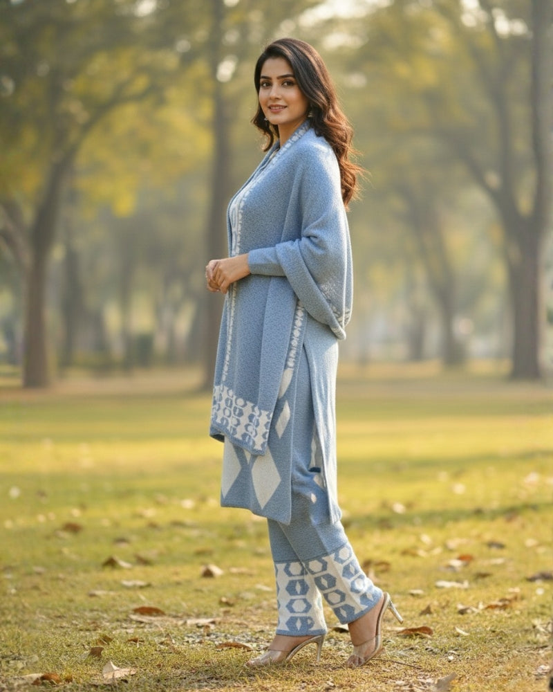 Women's Geometric Print Woolen Kurti Set - SkyBlue