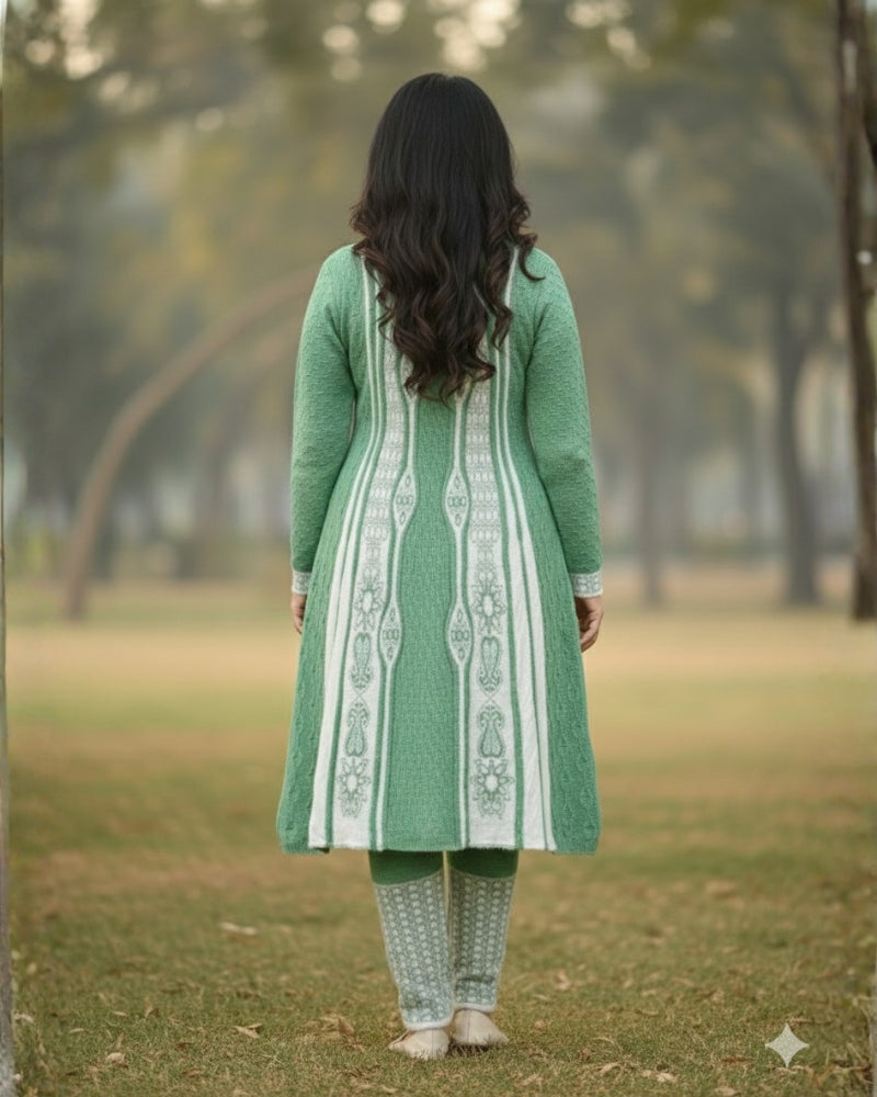 Full Sleeve Knee Length Woolen Fabric Olive Color 3 PC Kurti Set For Women
