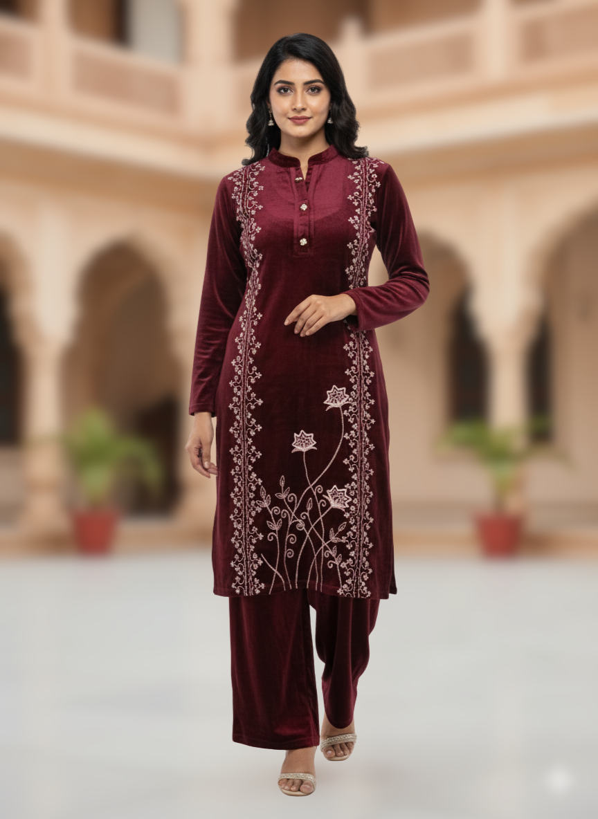 KRITI Winter Velvet 3 Piece Kurti Set Maroon Color For Women