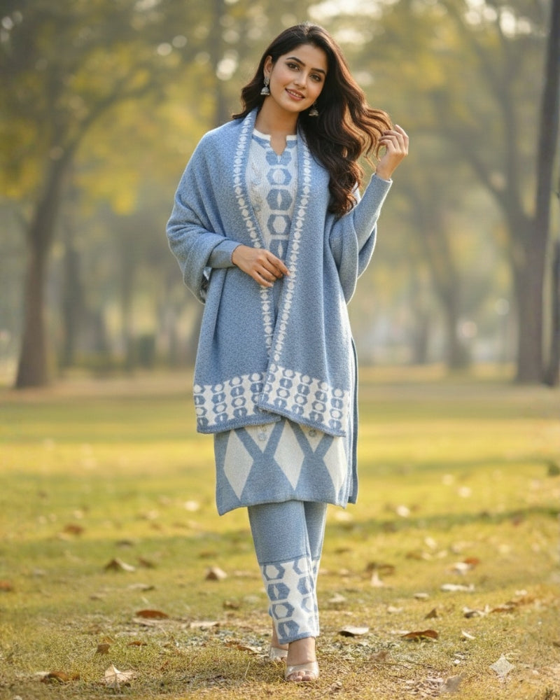 Women's Geometric Print SkyBlue Color Woolen Kurti Set  | Warm Winter 3-Piece Suit