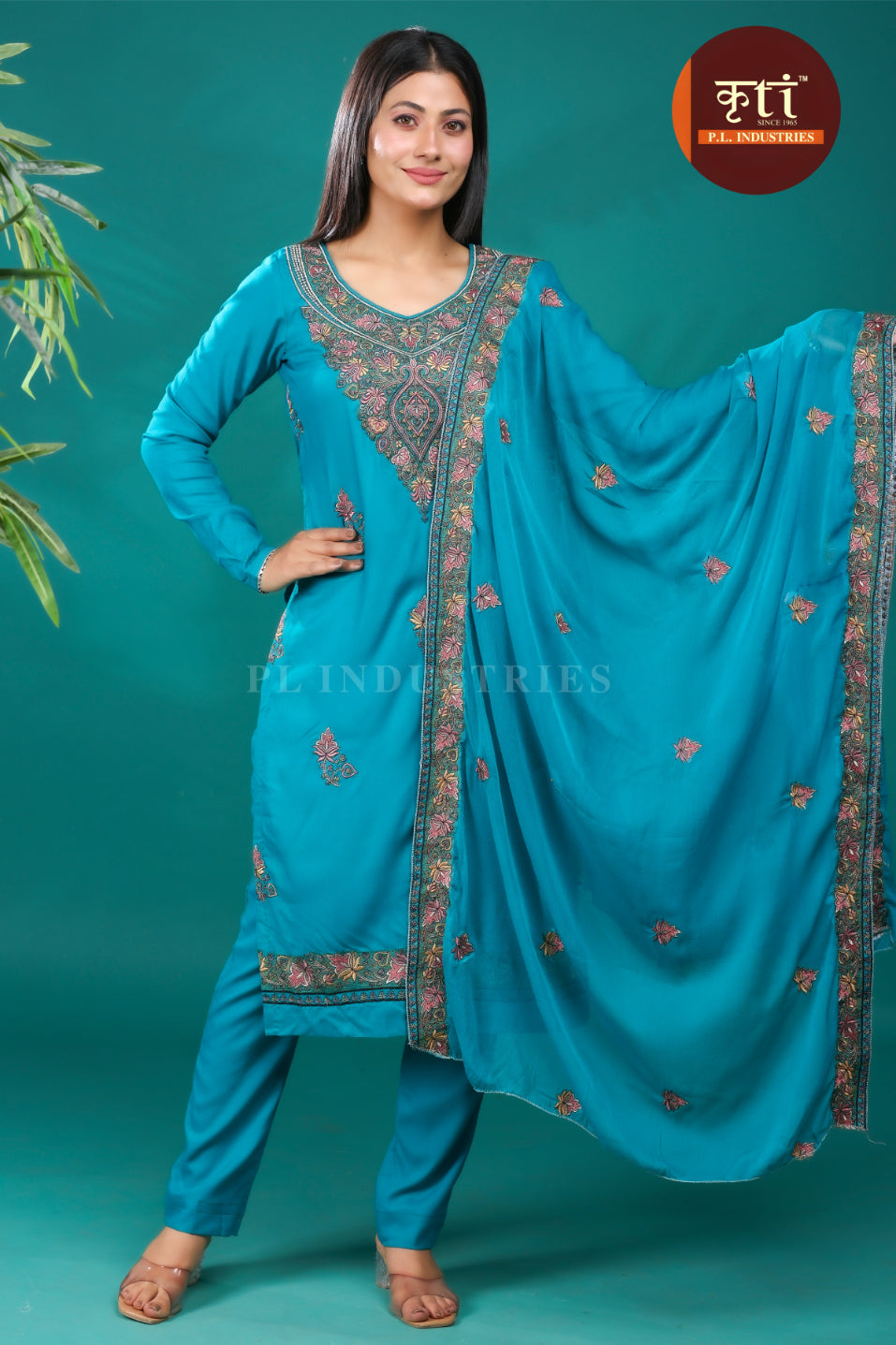 Kriti Timeless Blue Floral Unstitched Cotton Suit Set – 3-Piece with Top, Dupatta & Bottom