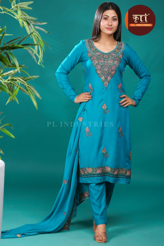 Elegant Blue Floral 3-Piece Cotton Suit Set Unstitched – Top, Bottom & Dupatta