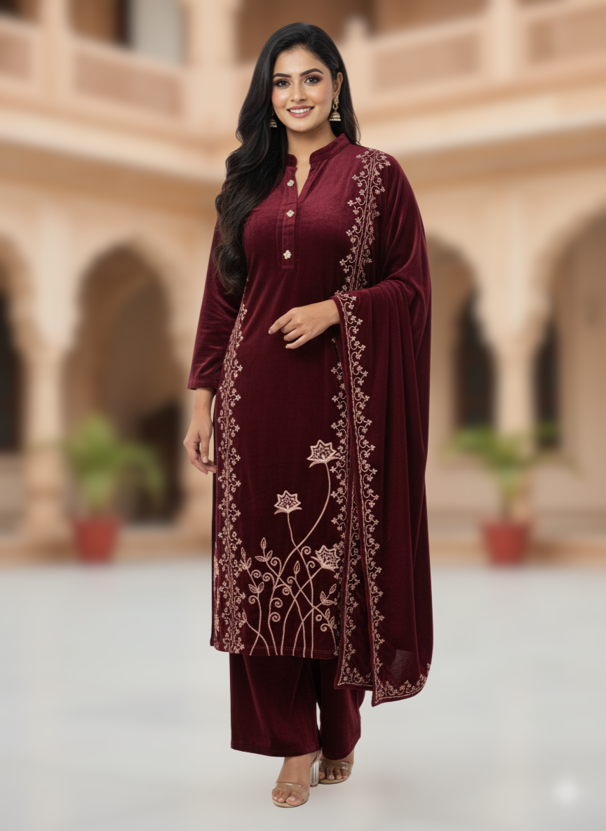 KRITI Winter Velvet 3 Piece Kurti Set Maroon Color For Women