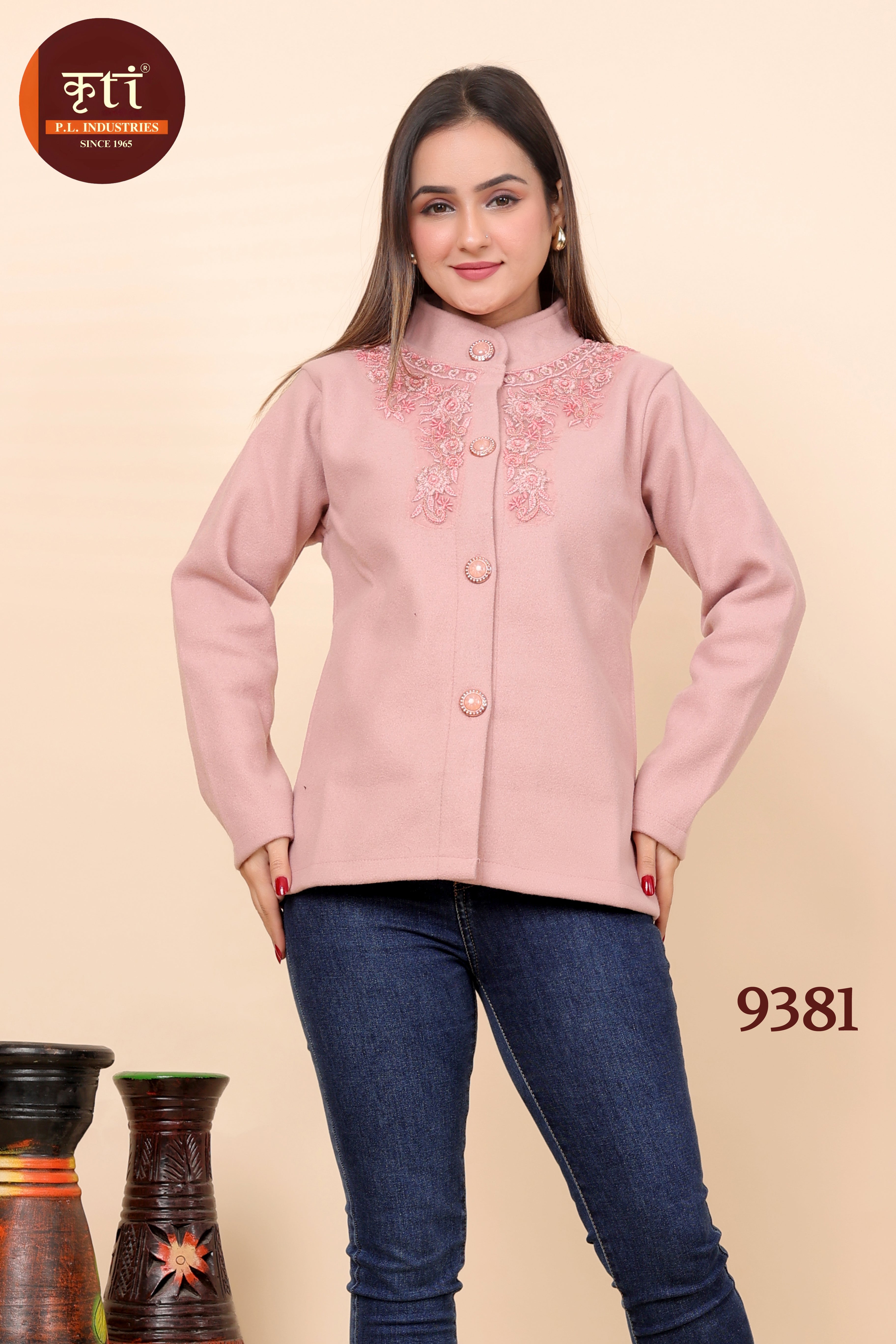 Elegant Women's Winter Coat Embroidered Tweet Fabric Free Size