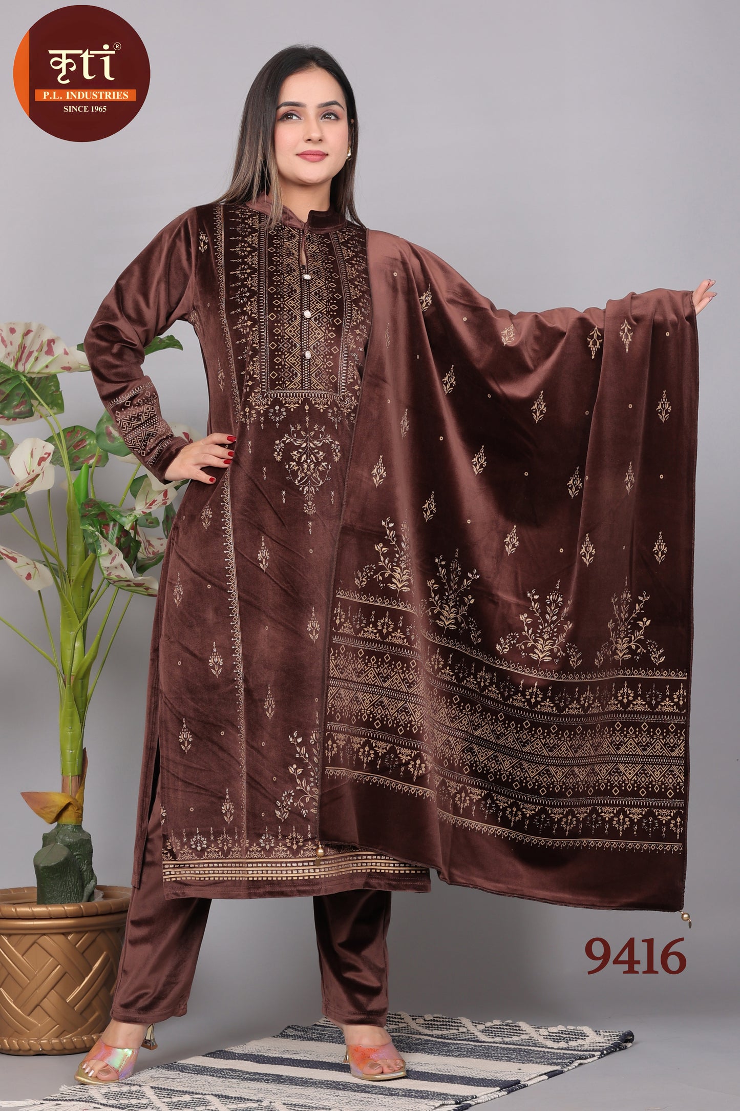 Winter-Ready Velvet Kurti Set with Bottom and Dupatta Luxurious Fabric Elegant & Cozy