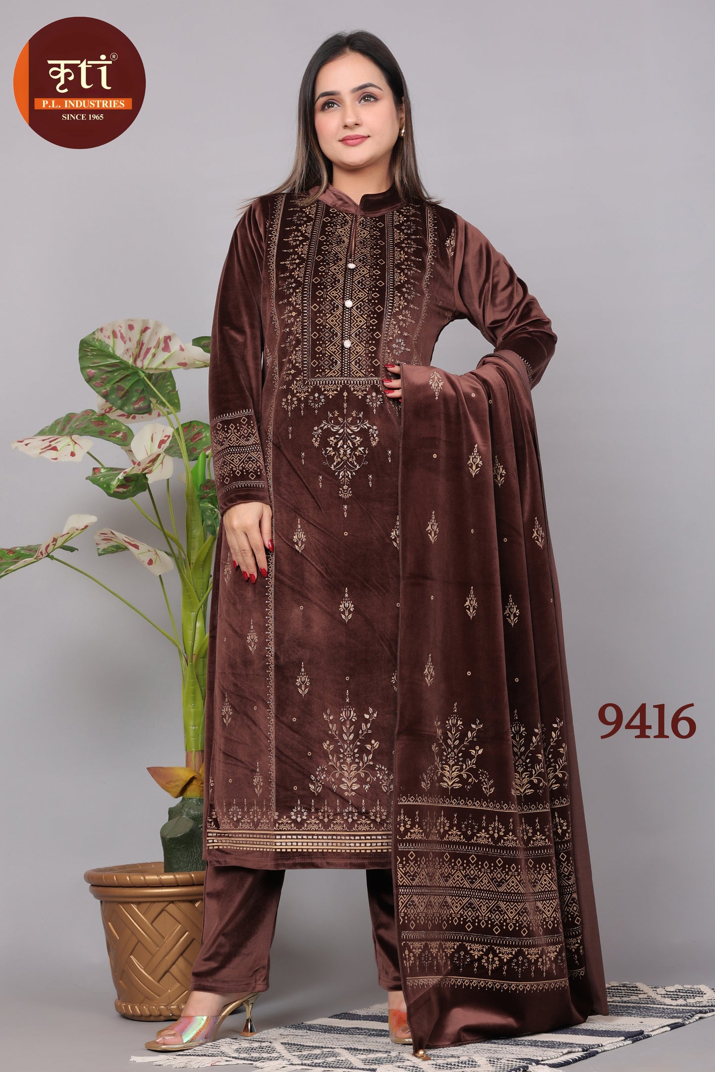 Winter-Ready Velvet Kurti Set with Bottom and Dupatta Luxurious Fabric Elegant & Cozy