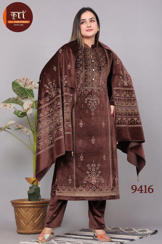 Winter-Ready Velvet Kurti Set with Bottom and Dupatta Luxurious Fabric Elegant & Cozy