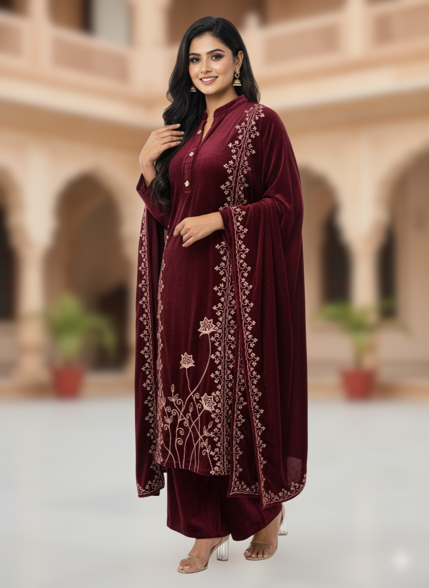 KRITI Winter Velvet 3 Piece Kurti Set Maroon Color For Women