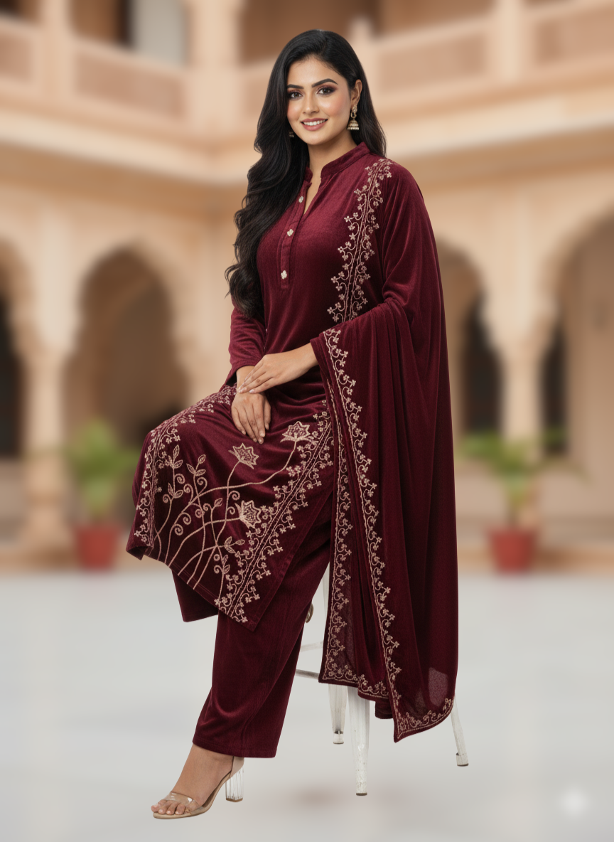 KRITI Winter Velvet 3 Piece Kurti Set Maroon Color For Women