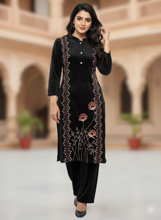 KRITI Winter Velvet 3 Piece Kurti Set Black Color For Women