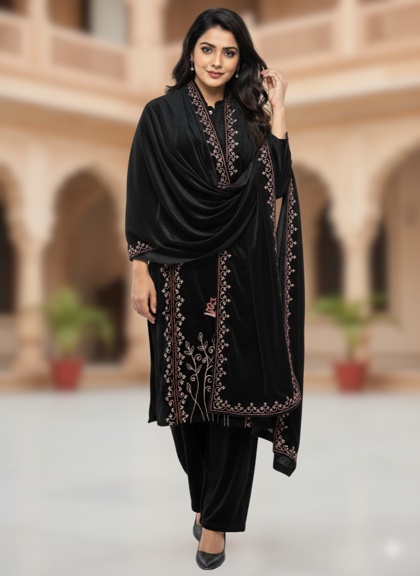 KRITI Winter Velvet 3 Piece Kurti Set Black Color For Women