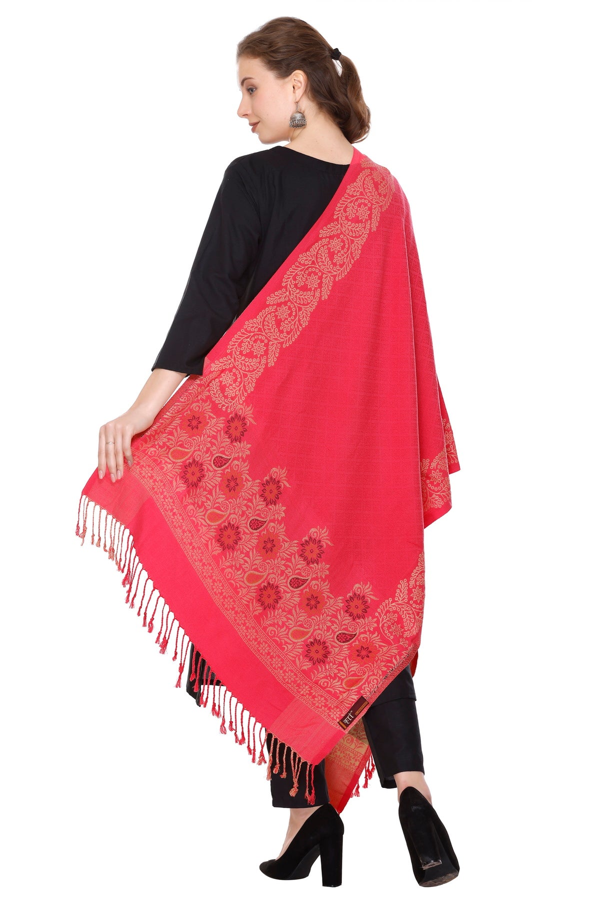 Floral Border Woollen Color Stole - Carrot