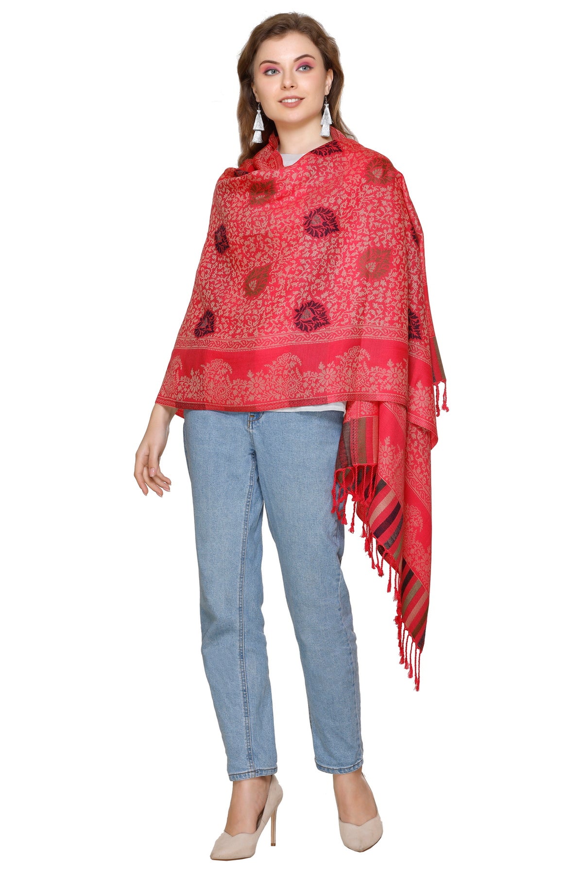 Floral Designer Woolen Stole- Red