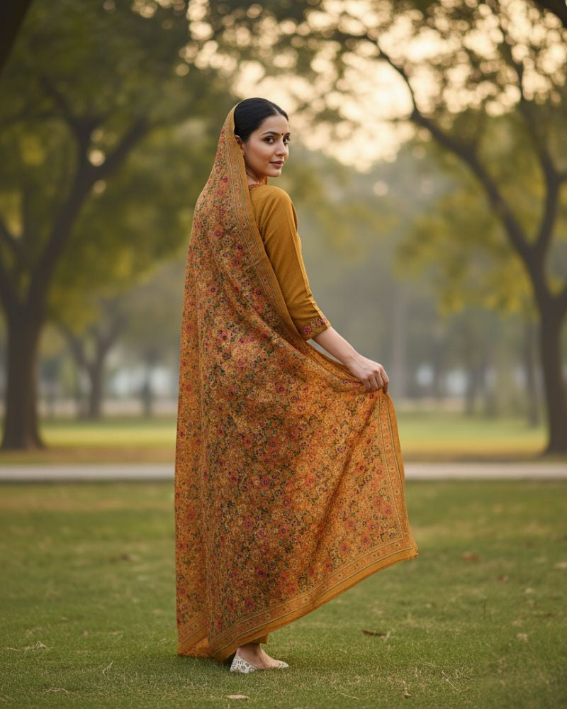 KRITI महिलाओं के लिए डिजिटल प्रिंट ऊनी सरसों रंग का अनस्टिच्ड फ़ैब्रिक सूट सेट विंटरवियर 