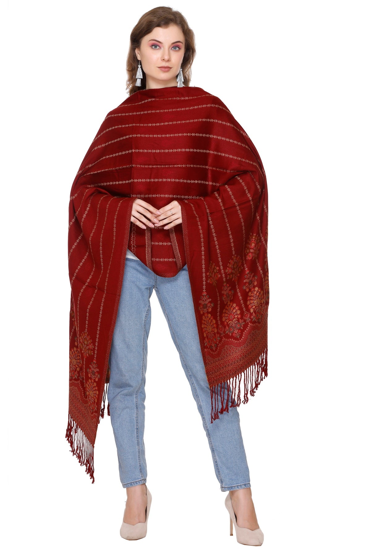 Floral Design Woollen Winter Stole - Maroon
