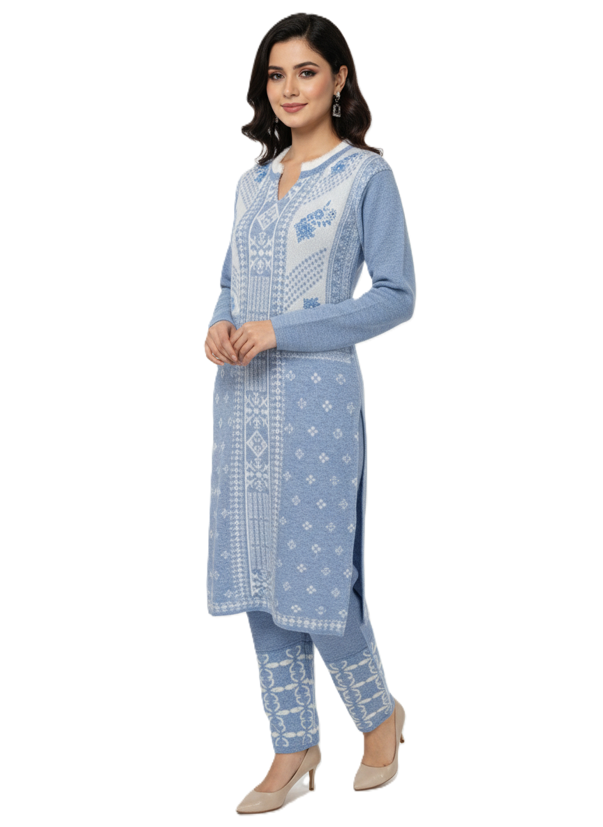 KRITI फुल स्लीव हेयर सॉफ्ट फ़ैब्रिक स्काई ब्लू कलर एम्ब्रॉयडरी 2 पीस कुर्ती सेट महिलाओं के लिए 