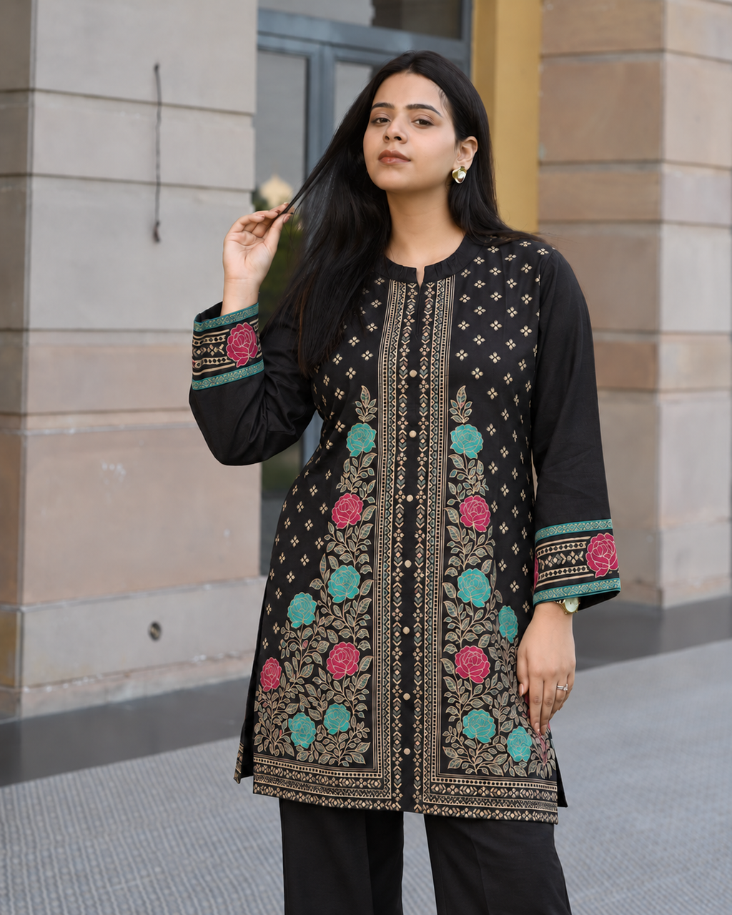Winter Woolen Printed Cord Set - Black