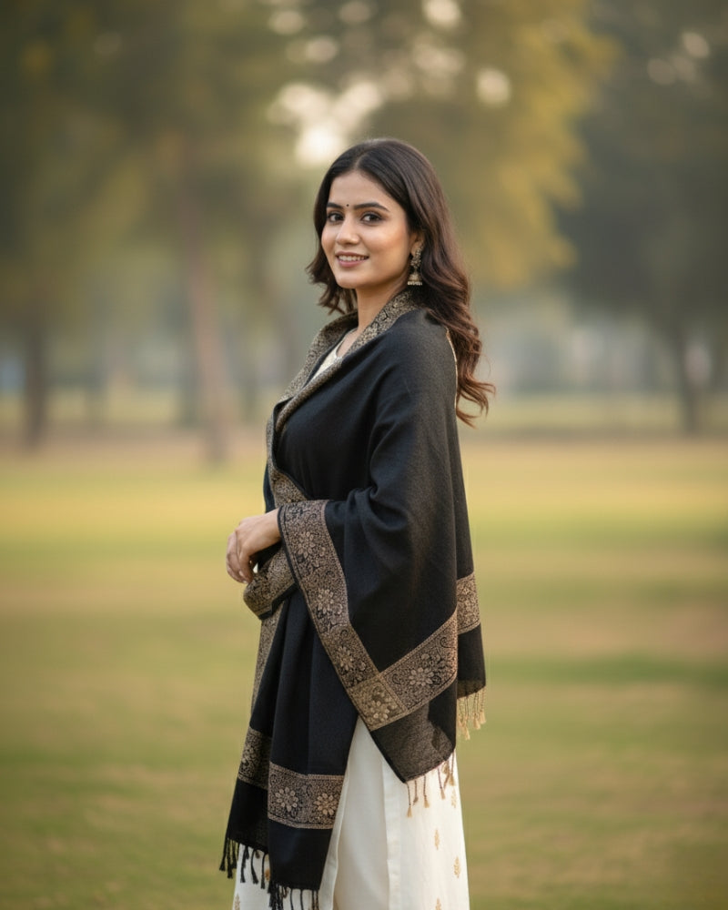 महिलाओं के लिए KRITI बॉर्डर डिज़ाइन वाला गर्म ऊनी काले रंग का शॉल