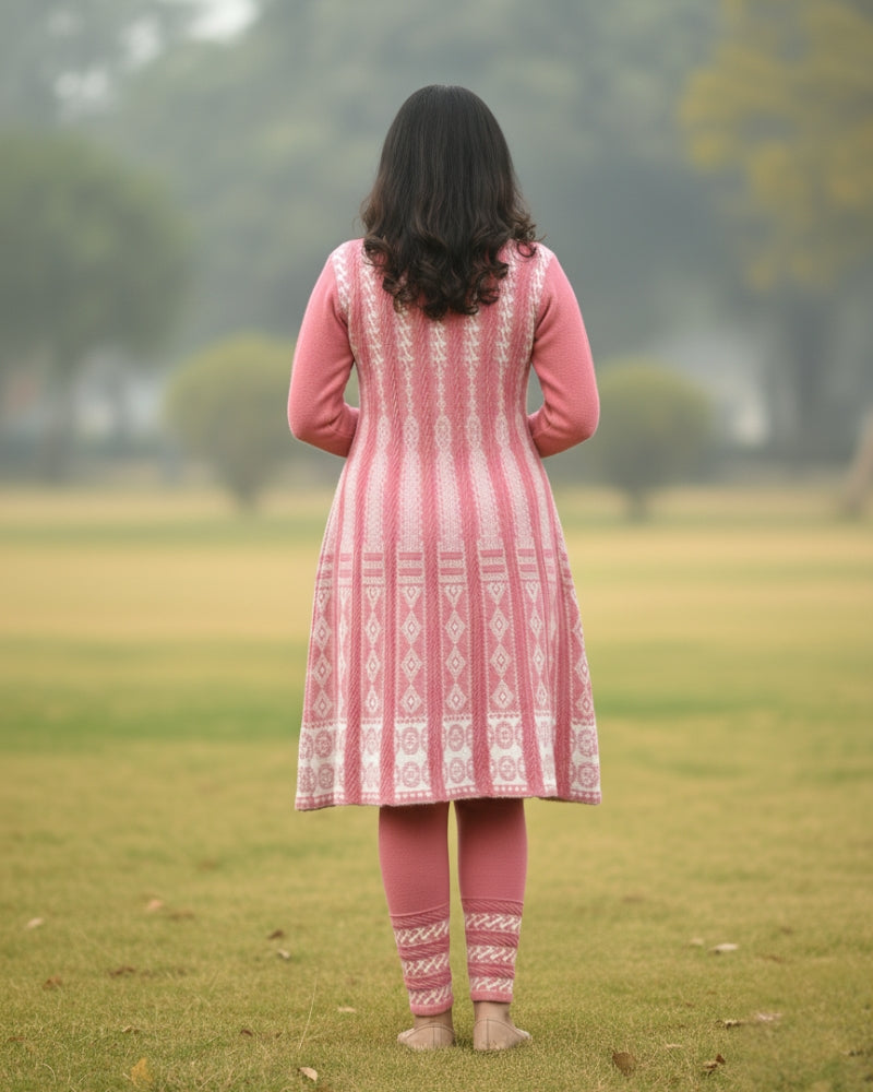 KRITI बुना हुआ ऊनी फ्रॉक कुर्ता सेट | बॉटम वियर के साथ 2-पीस विंटर कुर्ती 