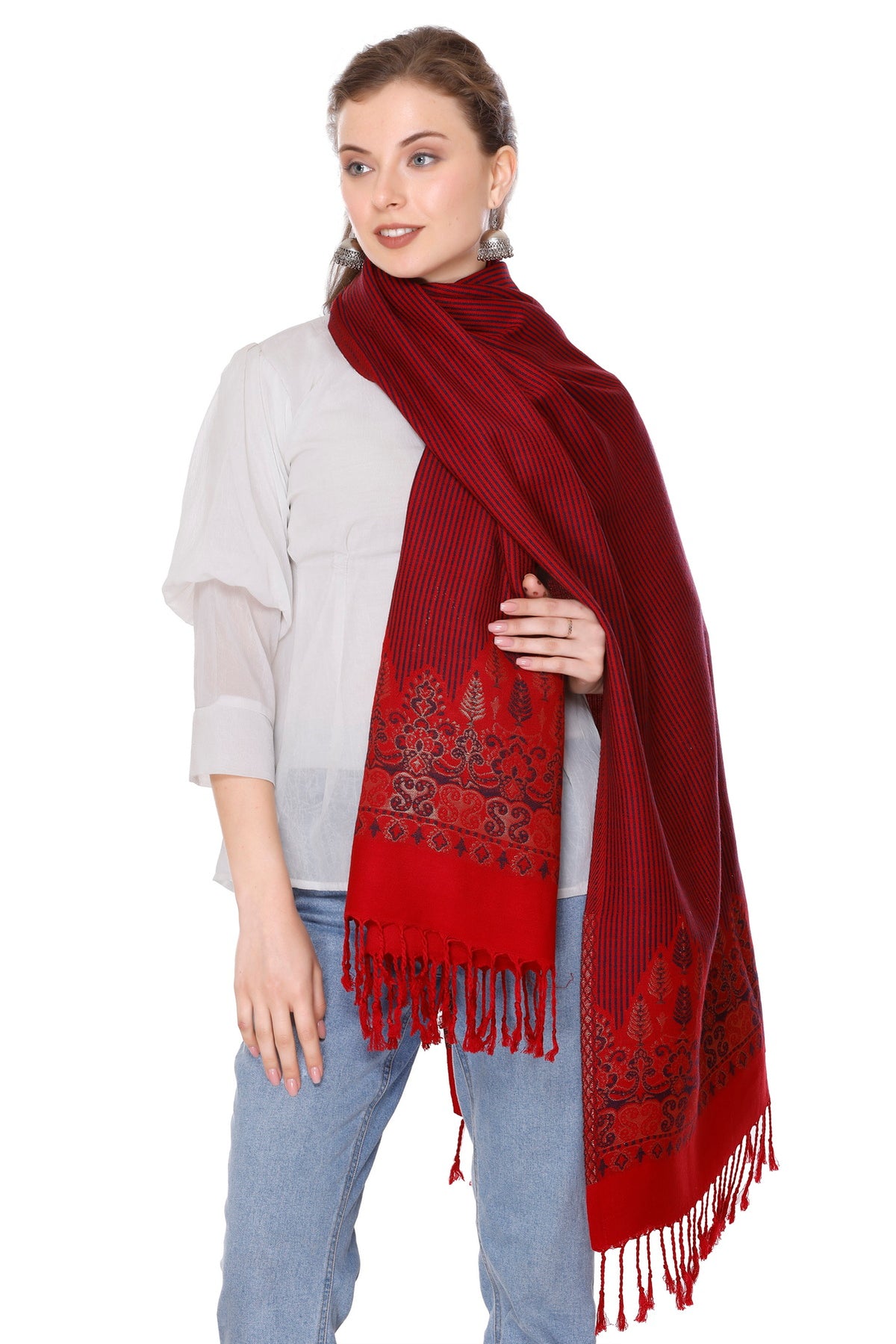 Woven Border Woollen Stole - Maroon