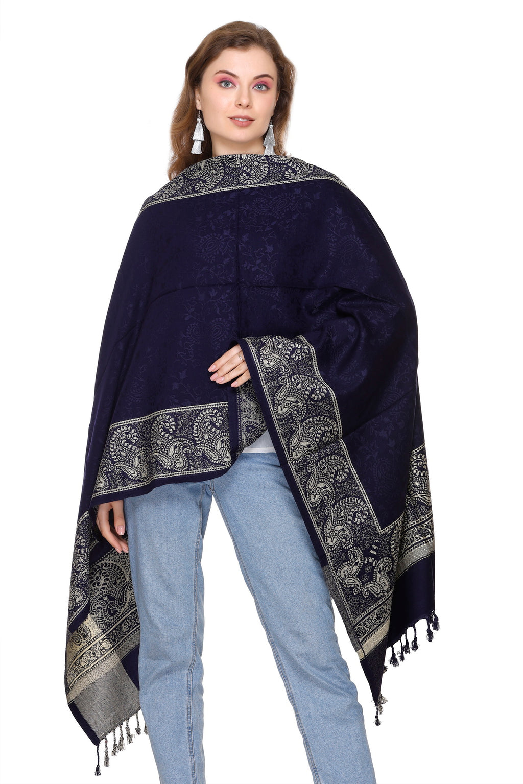 Navy Blue Designer Jacquard Border Stole