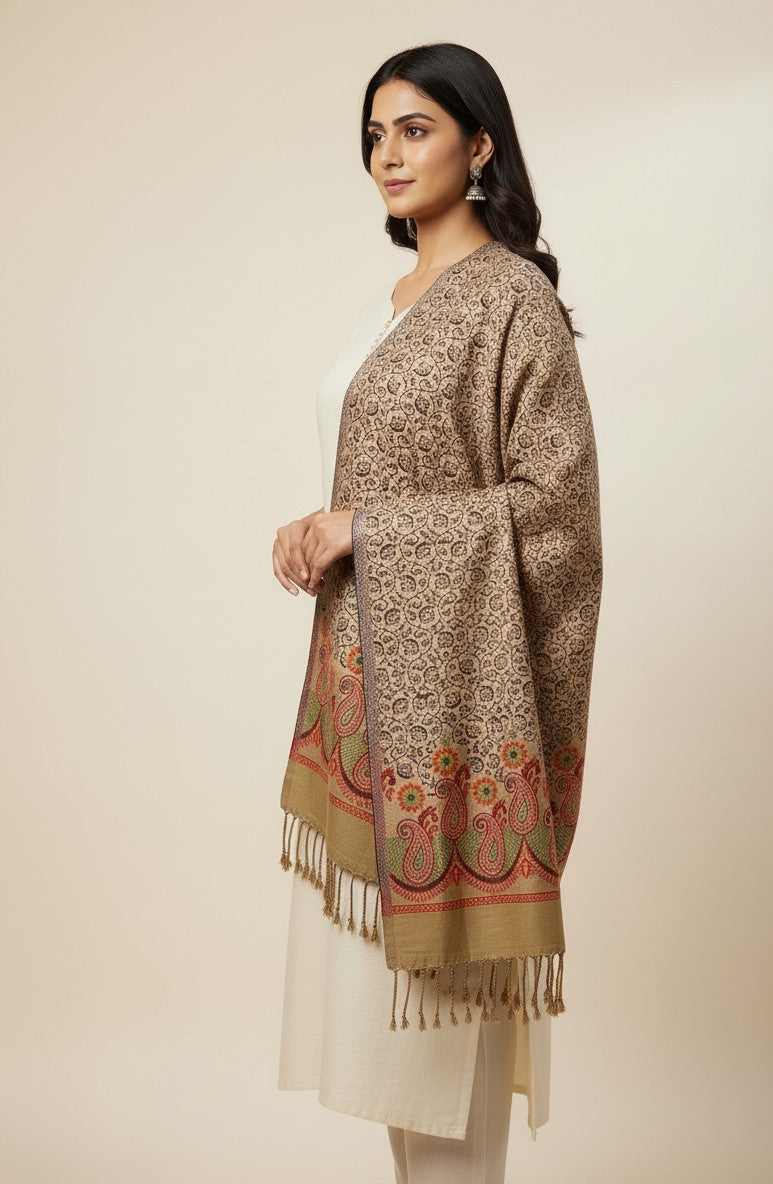KRITI Paisley Pattern Woolen Beige Color Stole For Girl