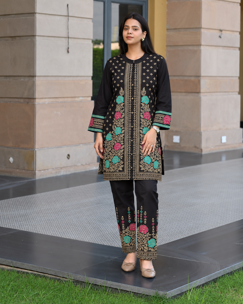 Winter Woolen Printed Cord Set - Black