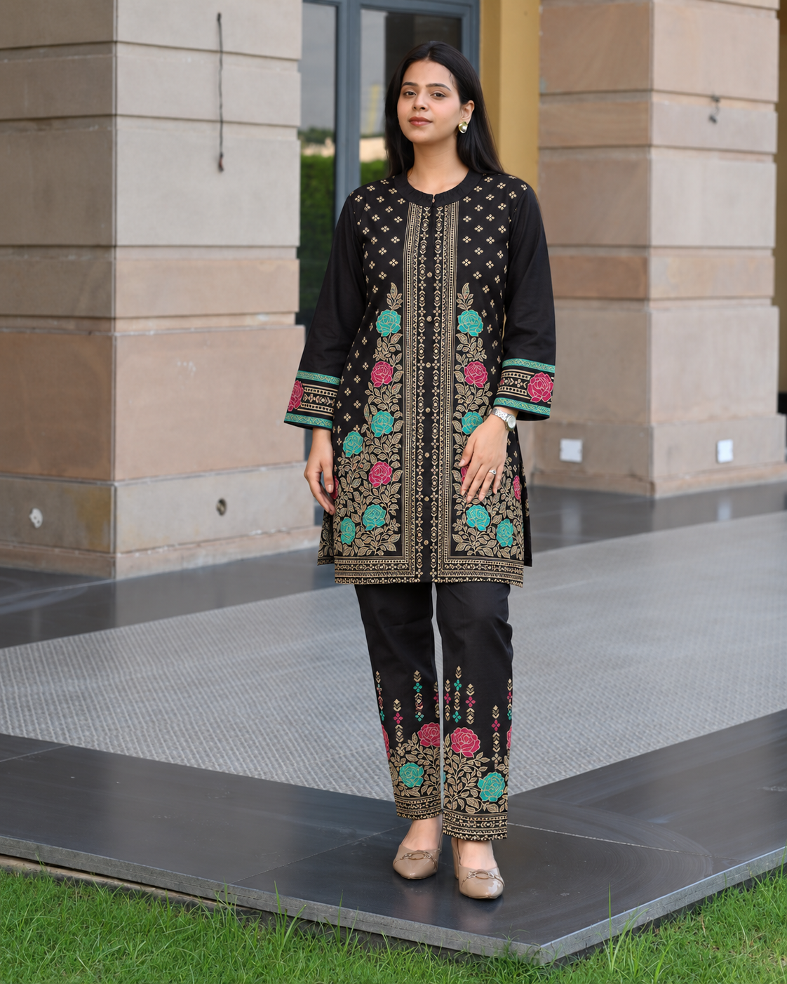 Winter Woolen Printed Cord Set - Black