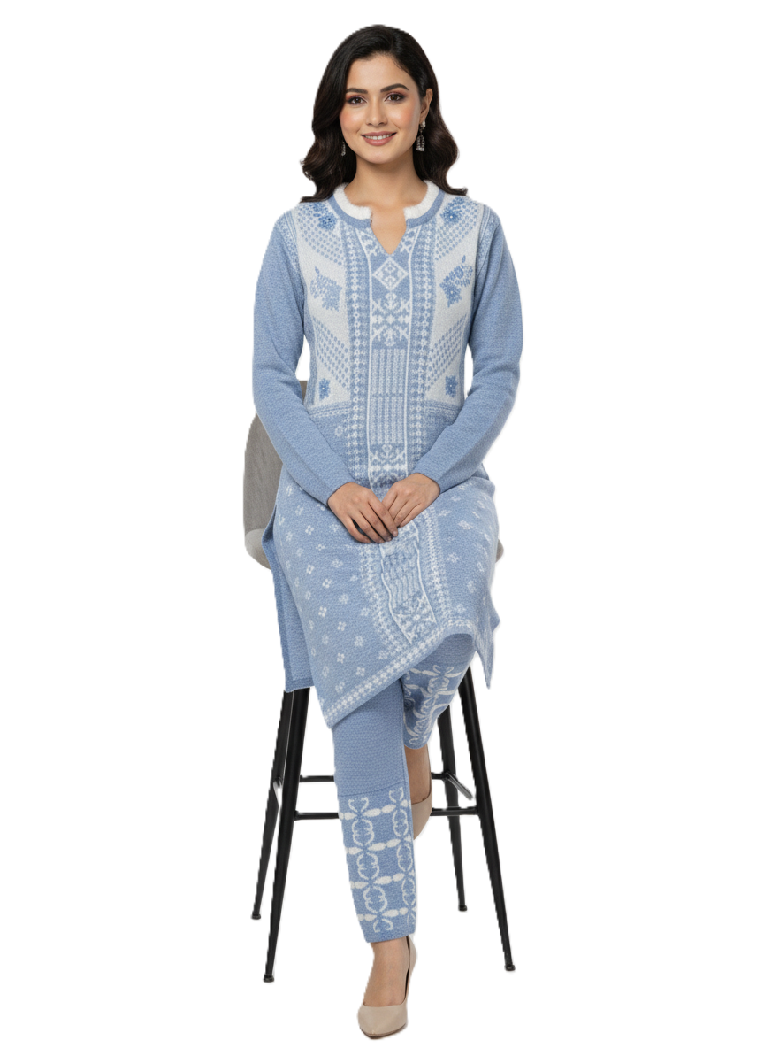 KRITI फुल स्लीव हेयर सॉफ्ट फ़ैब्रिक स्काई ब्लू कलर एम्ब्रॉयडरी 2 पीस कुर्ती सेट महिलाओं के लिए 