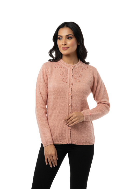 KRITI Winter Rainbow Embroidery Cardigan Peach Color For Women