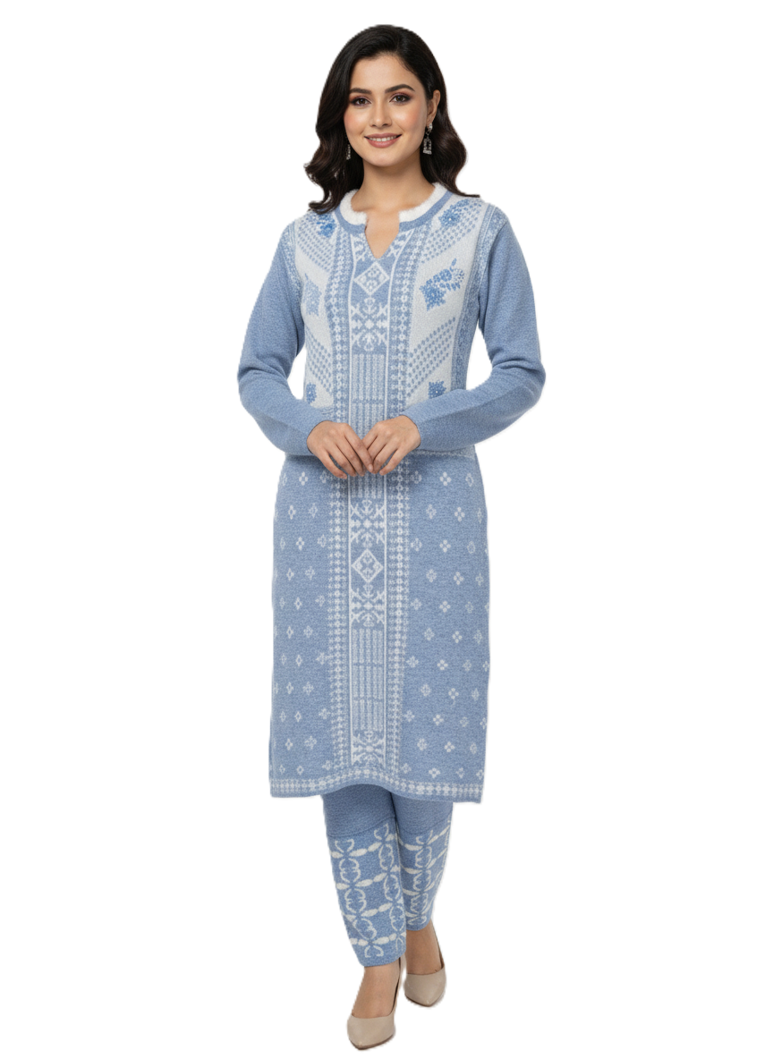 KRITI फुल स्लीव हेयर सॉफ्ट फ़ैब्रिक स्काई ब्लू कलर एम्ब्रॉयडरी 2 पीस कुर्ती सेट महिलाओं के लिए 