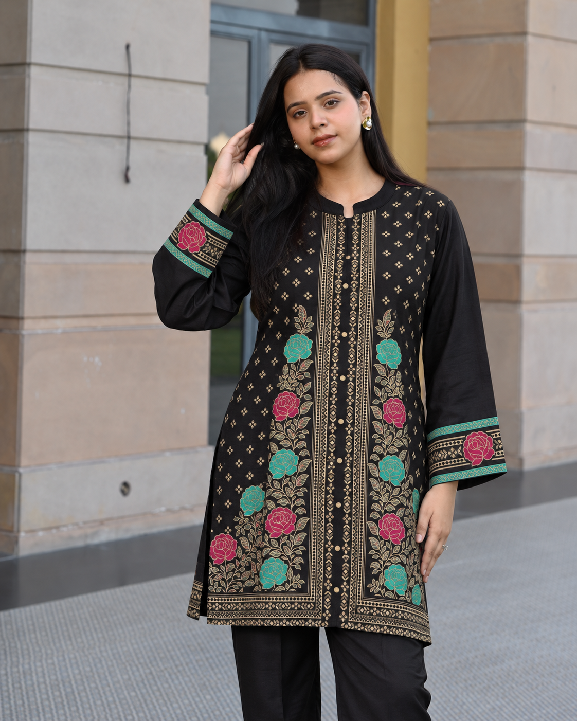 Winter Woolen Printed Cord Set - Black